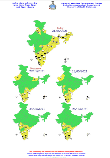 21 मई को अंडमान एवं निकोबार द्वीपसमूह में अलग-अलग स्थानों पर भारी से बहुत भारी वर्षा, पश्चिम बंगाल के उप-हिमालयी क्षेत्रों और सिक्किम, अरुणाचल प्रदेश, असम, मेघालय, आंध्र प्रदेश और यनम, रायलसीमा, तटीय एवं दक्षिण आंतरिक कर्नाटक, केरल एवं माहे में अलग-अलग स्थानों पर भारी वर्षा होने का अनुमान
